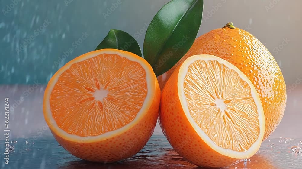 Poster fresh oranges resting on wet surface with rain effect