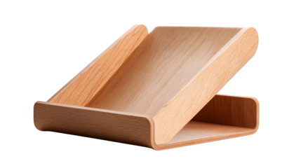 A minimalist wooden magazine holder, empty, isolated on a pure Transparent Background.
