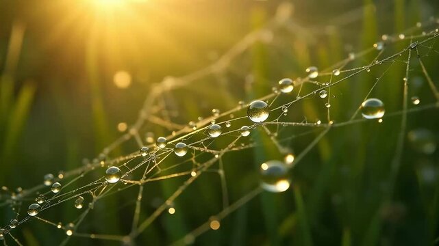 Shimmering dewdrop jewels cling to delicate spider silk strands glistening in the morning sun