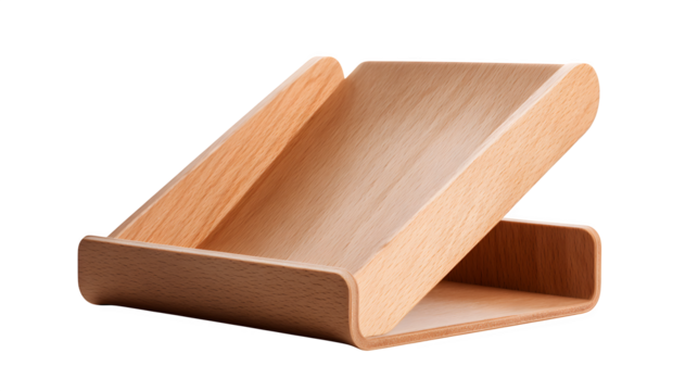 A minimalist wooden magazine holder, empty, isolated on a pure Transparent Background.