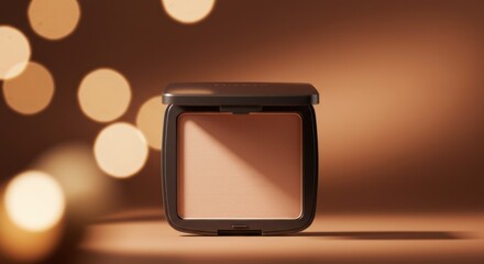 Compact Makeup Powder in Black Case with Warm Bokeh Lights in Background