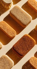 Cleaning supplies, sponges, brushes,  in beige/tan