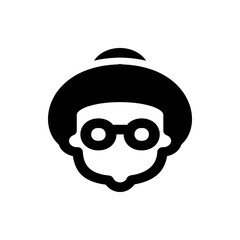 Illustration of a person with round glasses and dark hair in a bun in a simple black and white style