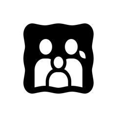 Illustration of a family group with three members inside a decorative black frame with wavy edges design