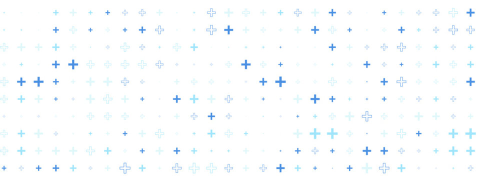 Abstract background with blue plus signs in medical style. Seamless pattern ideal for healthcare, pharmacy or hospital themed projects. Neutral and modern look.