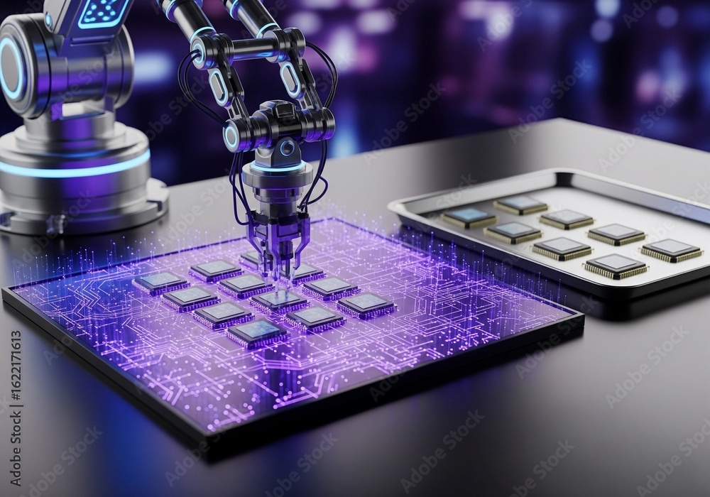 Poster robotic arm assembling computer chips on a glowing circuit board, representing advanced ai, technolo