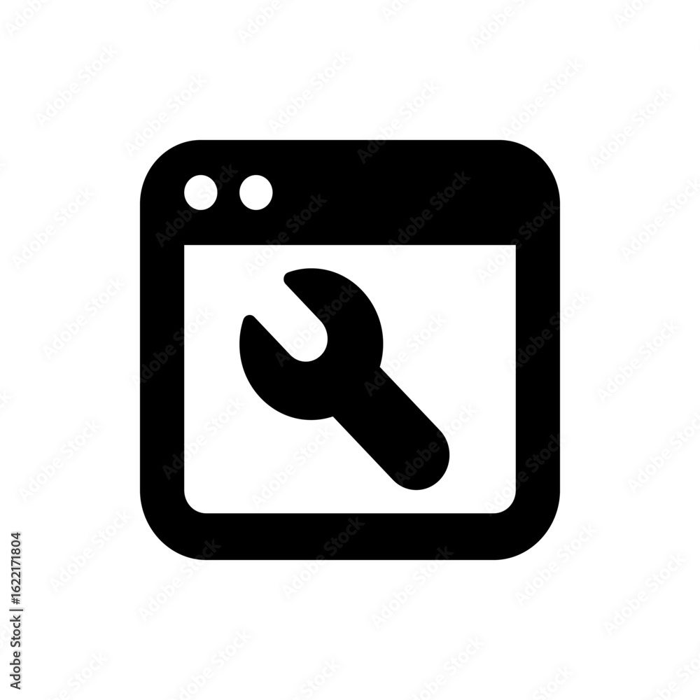 Poster illustration of a wrench inside a square shape with two circles at the top left corner of the square