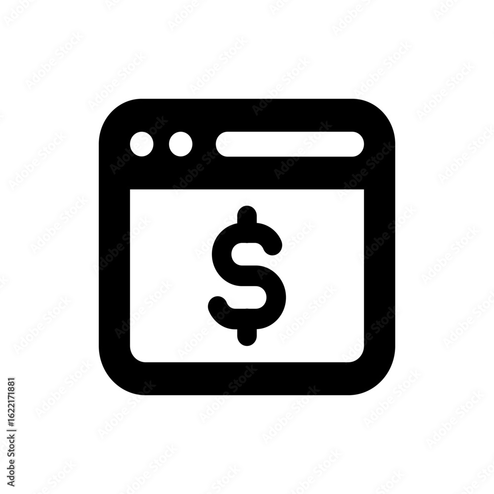 Poster black and white icon showing a browser window with a dollar sign in the middle of the window space
