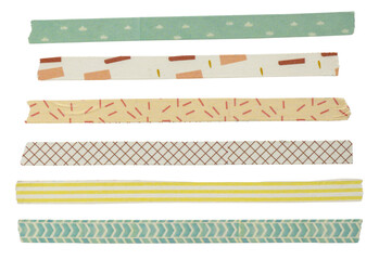 Colorful decorative masking tape strips on white background for crafting and DIY projects