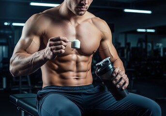 Muscular man with ripped abs holding a protein scoop and shaker bottle in a gym