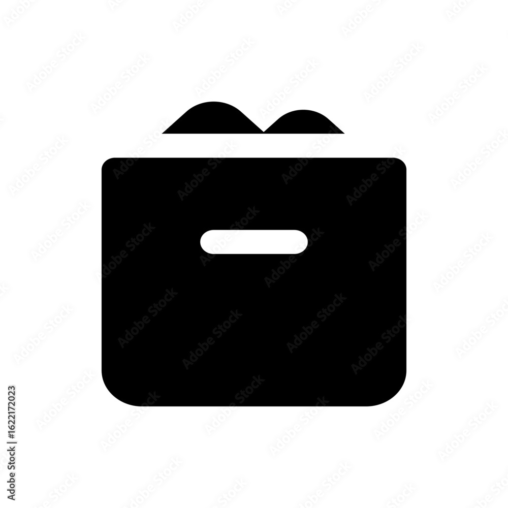 Poster illustration of a black shopping bag with a handle and a unique top edge design on a white backgroun