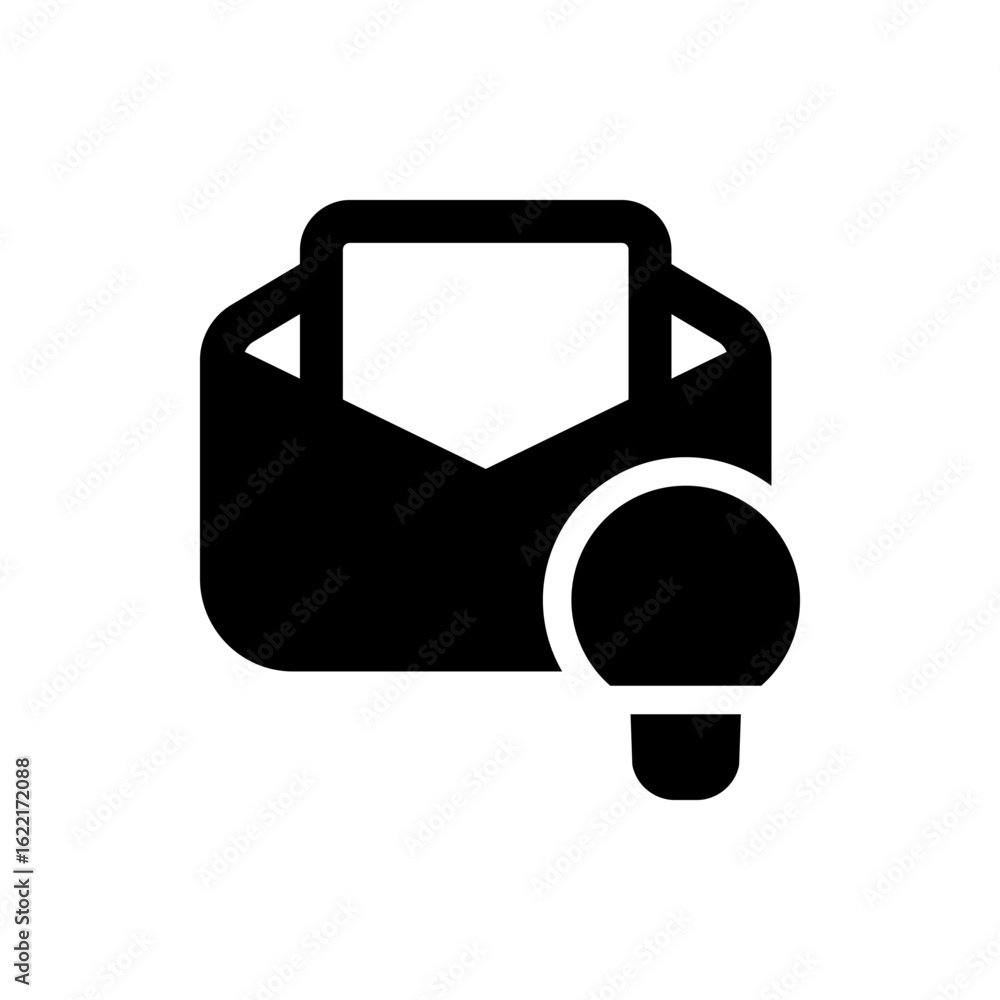 Poster black and white illustration of an open envelope with a lightbulb representing a bright email idea c