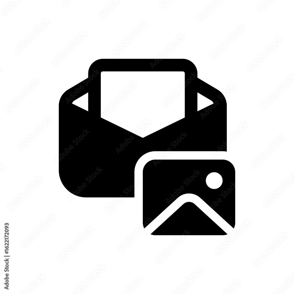 Poster an icon showing an open envelope with a white interior and a picture icon overlapping at the bottom 