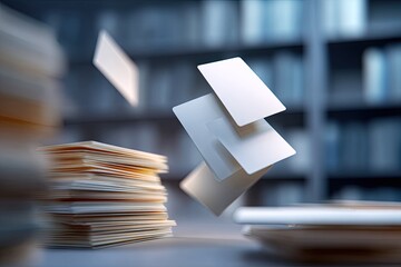 Blank business cards floating amidst stacks of documents in a modern office