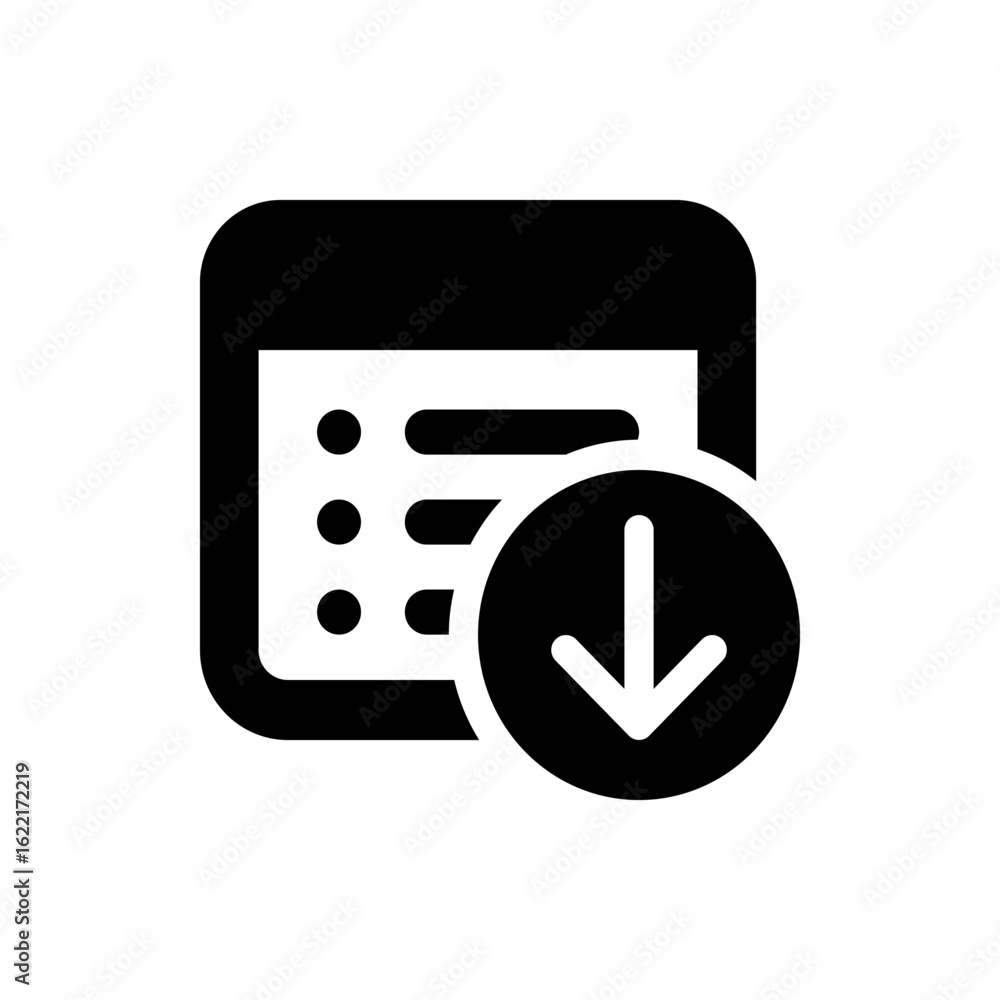 Poster black and white download icon featuring a list with bullet points and an arrow pointing downwards sy