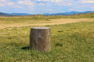 A natural composition with a wooden stump against the backdrop of a picturesque mountain landscape, creating an atmosphere of peace and simplicity. This image conveys a sense of freedom and harmony wi