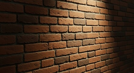 Fototapeta premium Textured red brick wall background illuminated by a single spotlight. Empty urban interior surface with shadow for design or display.