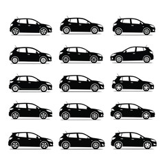 Art of collection of black car silhouettes in various angles and styles, isolated on white background