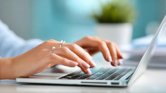 Hands typing on laptop keyboard in modern office workspace showcasing technology and efficient typing for regulatory science work