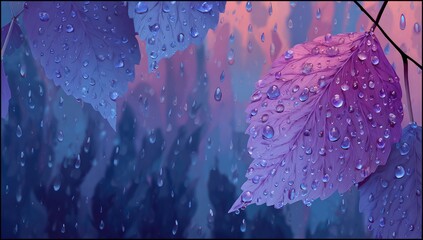 Rainy, vibrant leaves in shades of purple and blue.  Water droplets cling to leaves. Soft, diffused light