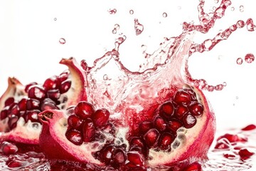 Pomegranate splashing juice on white