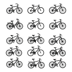 Art of collection of 12 different bicycle designs isolated on white background, showcasing various styles and components for transportation and recreation