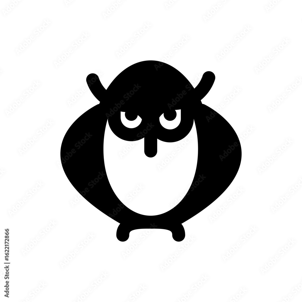 Poster Stylized black and white owl with rounded features and a grumpy expression on a white background image