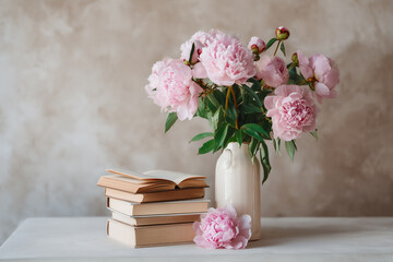 Bouquet of flowers in a vase next to a stack of books on beige background. Learning, reading, new school year, fiction.