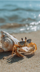 A crab wearing sunglasses on a beach by the ocean or sea.