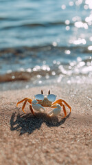 A crab wearing sunglasses on a beach by the ocean or sea.