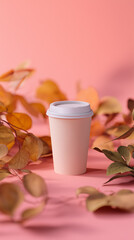 A cup of coffee to go with a backdrop of fall leaves. Autumn coffee. Autumn tea in a cup with itself. Autumn advertisement for coffee or tea to go.