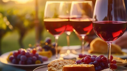 Sunset wine tasting Savoring rich red wine with grapes cheese and warm bread in a sun drenched