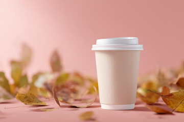 A cup of coffee to go with a backdrop of fall leaves. Autumn coffee. Autumn tea in a cup with itself. Autumn advertisement for coffee or tea to go.