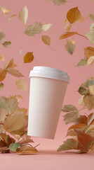 A cup of coffee to go with a backdrop of fall leaves. Autumn coffee. Autumn tea in a cup with itself. Autumn advertisement for coffee or tea to go.