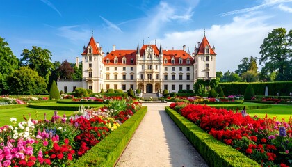 Grand European castle with manicured gardens