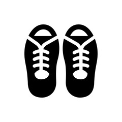 Illustration of a pair of black shoes with white laces and rounded toes presented in a symmetrical view