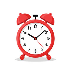 Isolated retro red alarm clock with twin bells and vintage metal details on a white background