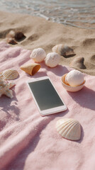 A phone with a clean white screen on a pink blanket with seashells on the beach. Phone on the beach by the ocean or sea.