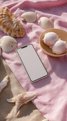 A phone with a clean white screen on a pink blanket with seashells on the beach. Phone on the beach by the ocean or sea.