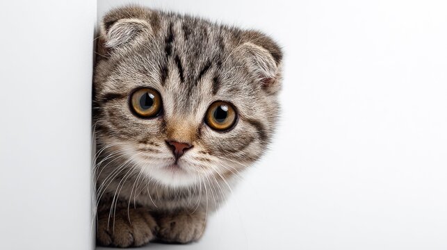 A curious, grey tabby kitten with large, round, amber eyes peeks from behind a white corner, its fluffy fur and adorable expression capturing attention against a bright background - Powered by Adobe