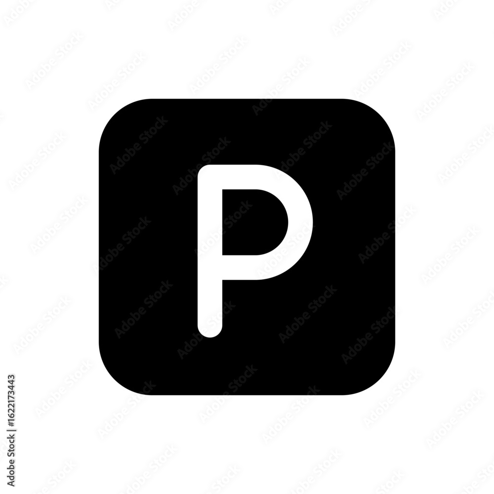 Poster white letter p inside a black rounded square graphic element in a simple and modern vector design st