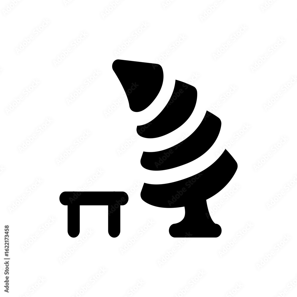 Poster illustration of a stylized tree with horizontal bands next to a small rectangular table in black and