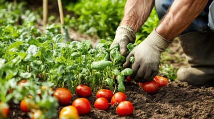 Gloved hands gathering fresh garden vegetables
