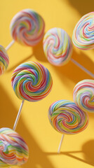 Pattern of colorful candies on a stick on a yellow background. Background of multicolored lollipops. Sweets.