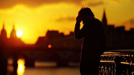 Man silhouette, deep reflection at urban sunset