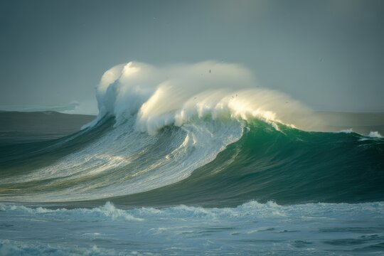 White sea foam from the powerful ocean waves crashes against a sandy beach, under a blue sky with fluffy clouds