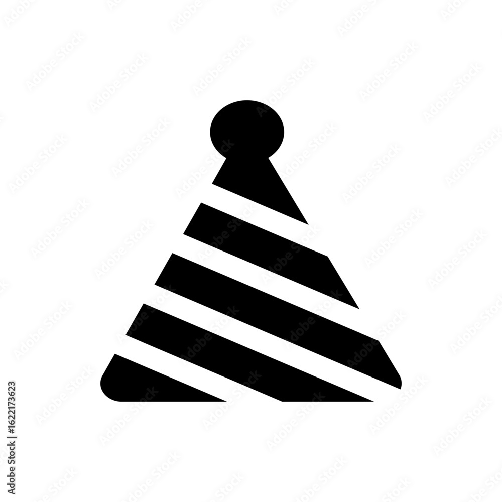 Poster a black party hat with horizontal stripes and a pom pom on top is displayed in a simple vector graph