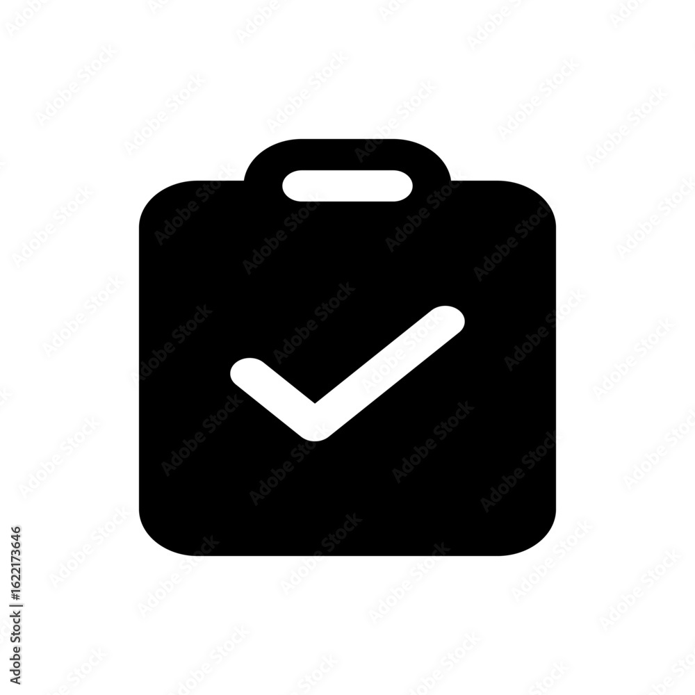 Poster black clipboard icon with rounded corners and a handle at the top and a white check mark on the fron