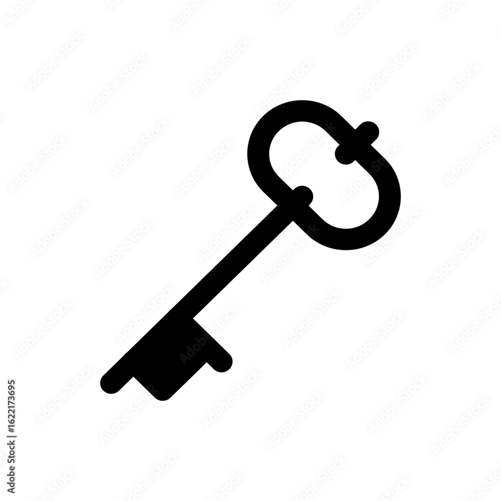 Poster illustration of a simple black key with a looped handle and a classic key blade design on a white ba