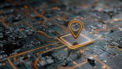 GPS chip on circuit board.  Illuminated location marker on a glowing processor.  High-tech, intricate circuit patterns